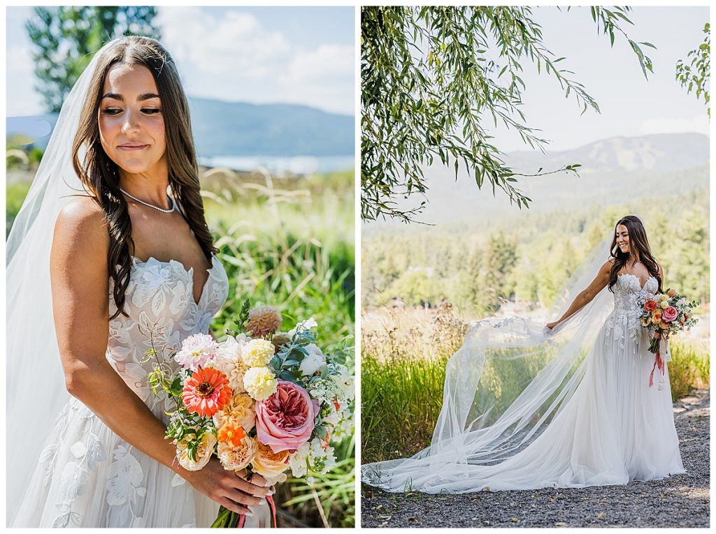 Bride in her wedding dress holding her bouquet in a field of tall grass at a wedding at The Lodge at Whitefish Lake in Whitefish, MT.