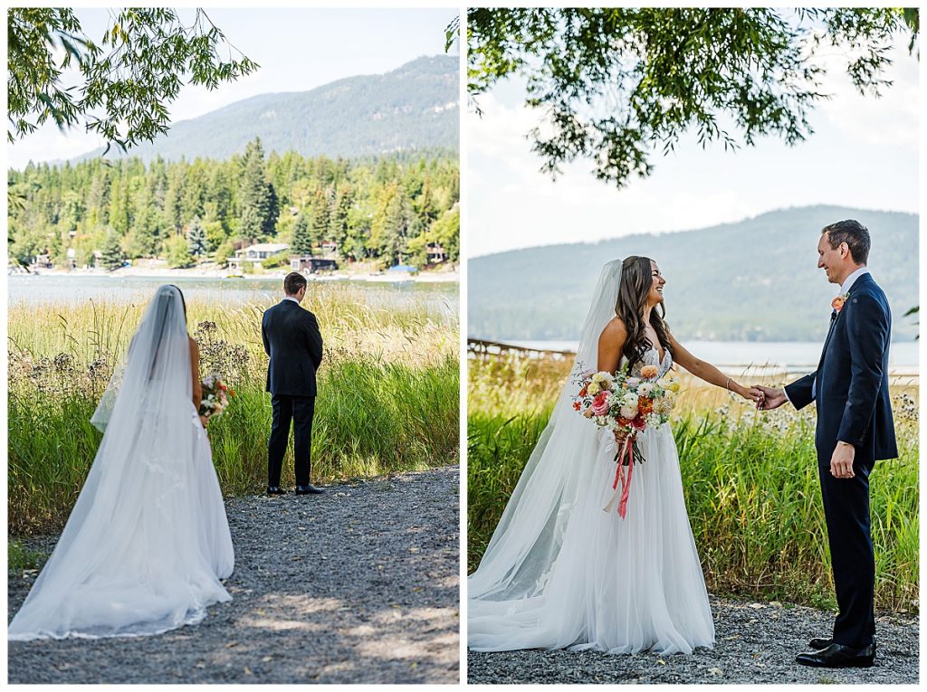 Bride and Groom's first look at each other before a wedding at The Lodge at Whitefish Lake in Whitefish, MT.