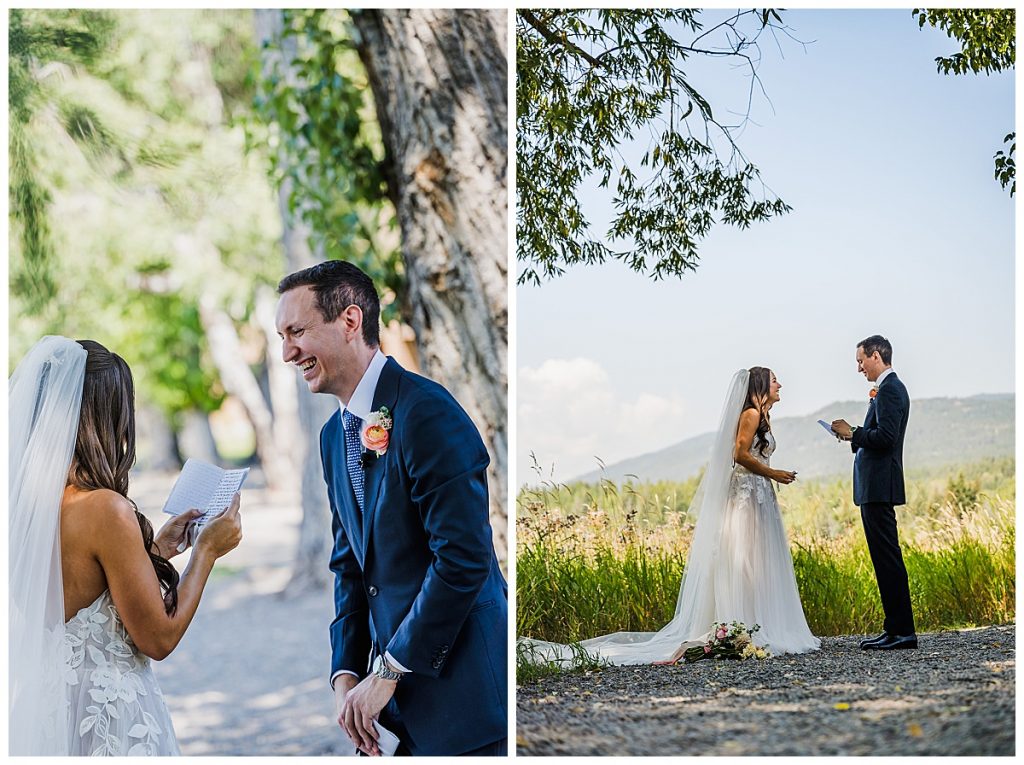 Bride and Groom sharing their vows under a big tree before a wedding at The Lodge at Whitefish Lake in Whitefish, MT.
