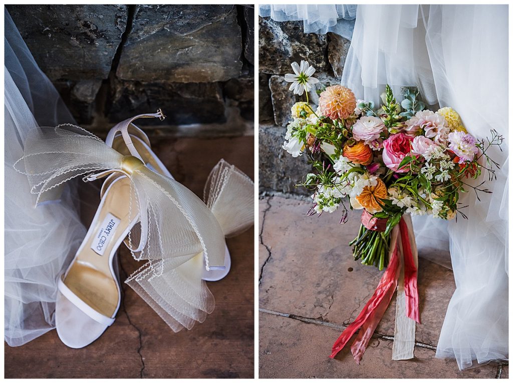 Bride's shoes and wedding bouquet for a wedding at The Lodge at Whitefish Lake in Whitefish, MT.