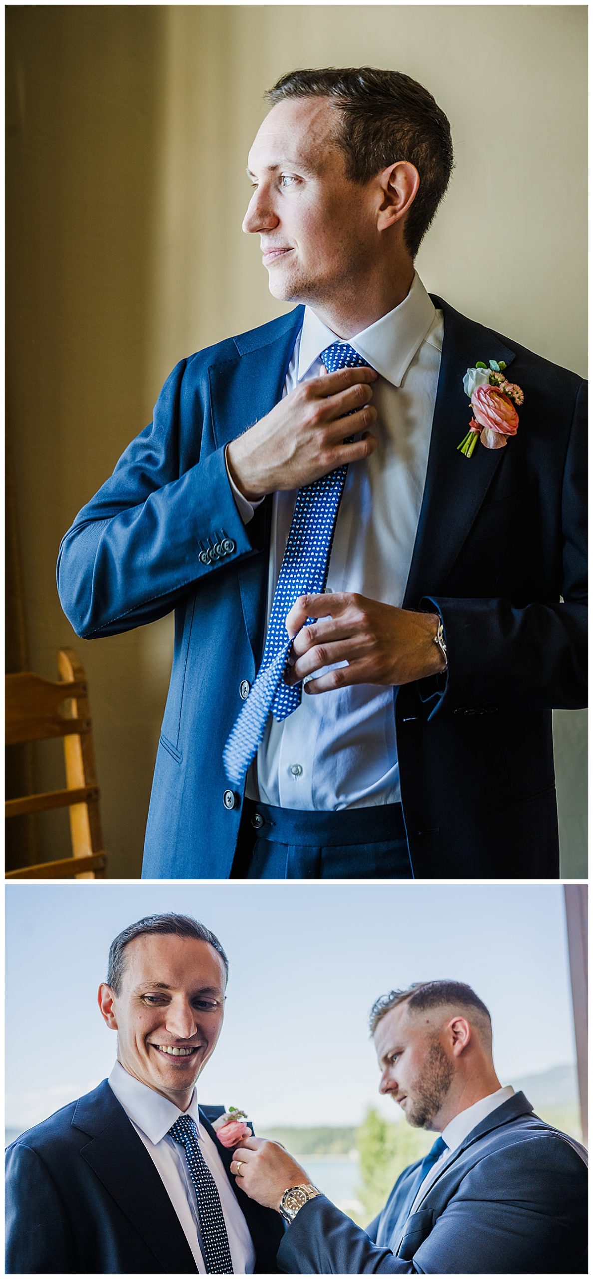 Groom getting ready for a wedding at The Lodge at Whitefish Lake in Whitefish, MT.