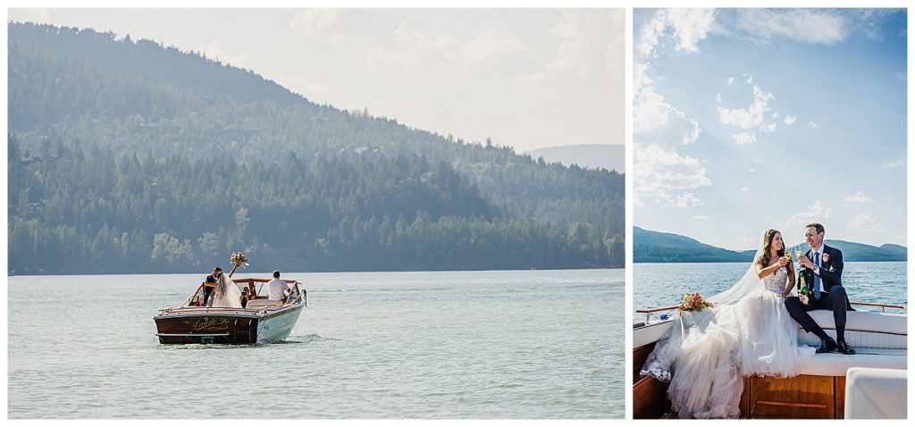 Bride and Groom on a boat in the middle of Whitefish Lake after their wedding ceremony at The Lodge at Whitefish Lake, in Whitefish, MT.