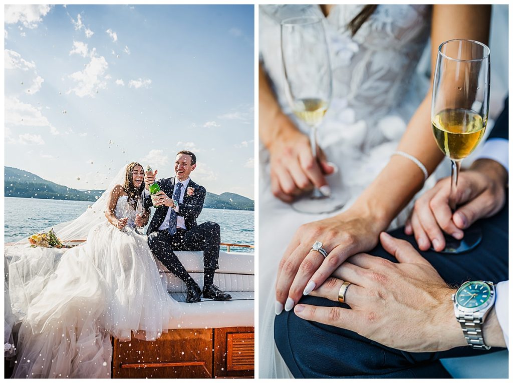 Bride and Groom drinking champagne on a boat in the middle of Whitefish Lake after their wedding ceremony at The Lodge at Whitefish Lake, in Whitefish, MT.