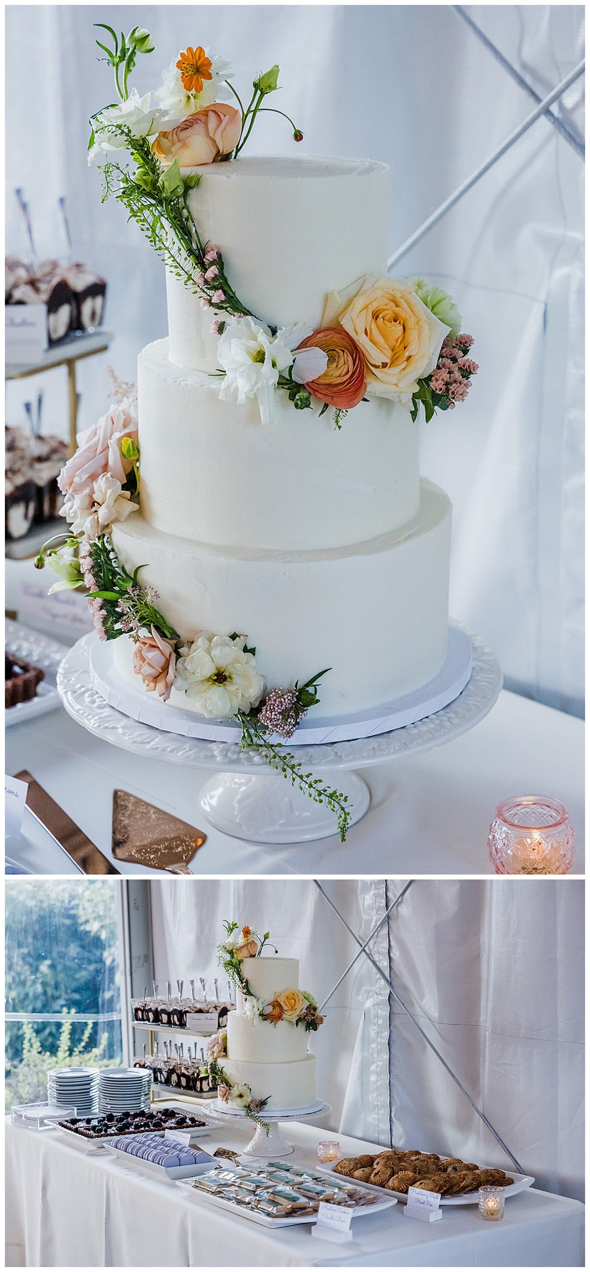 Wedding cake and dessert table at The Lodge at Whitefish Lake in Whitefish, MT.