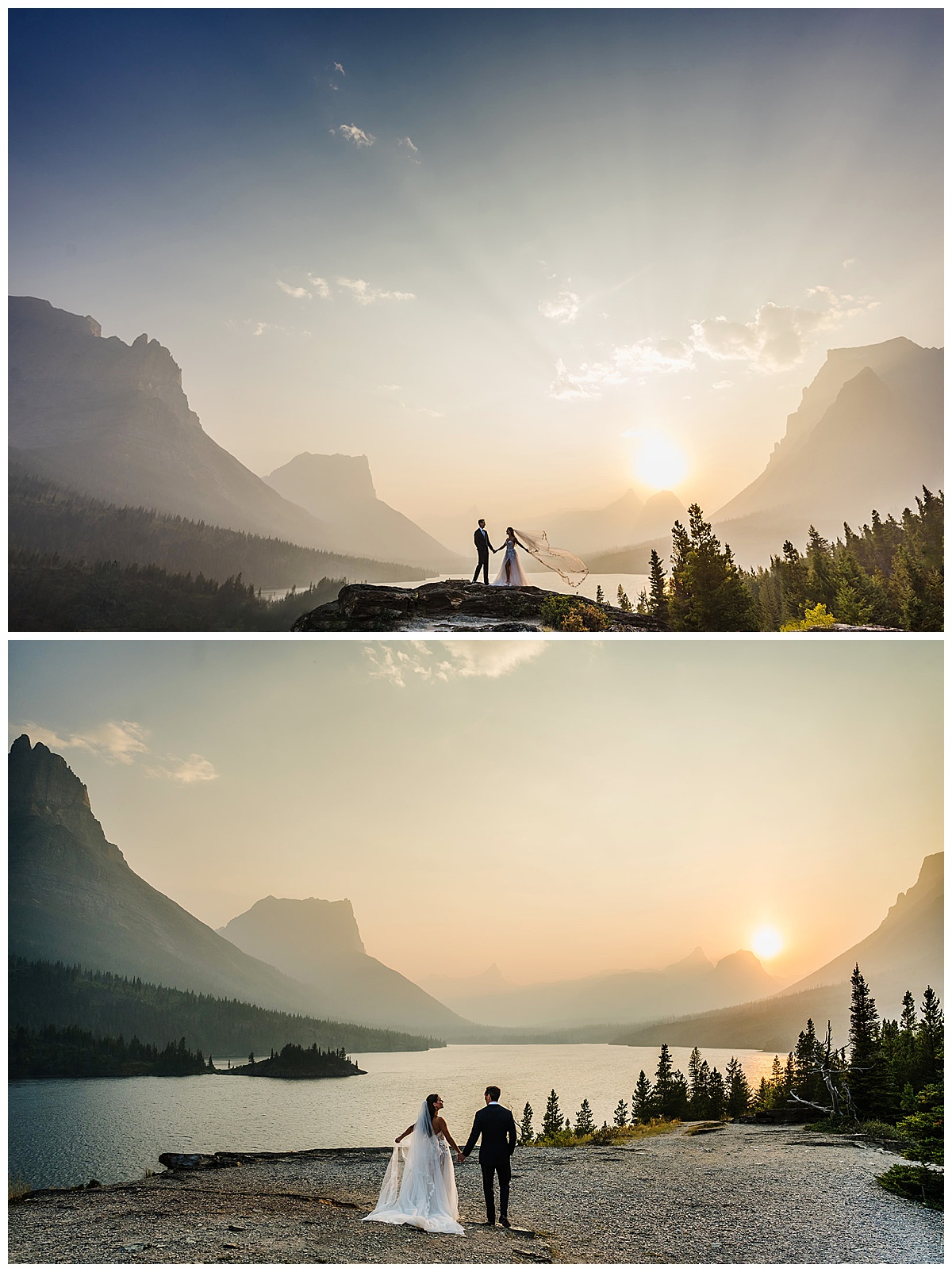 Bride and Groom holding hands and watching the sunset at Sun Point in Glacier National Park.