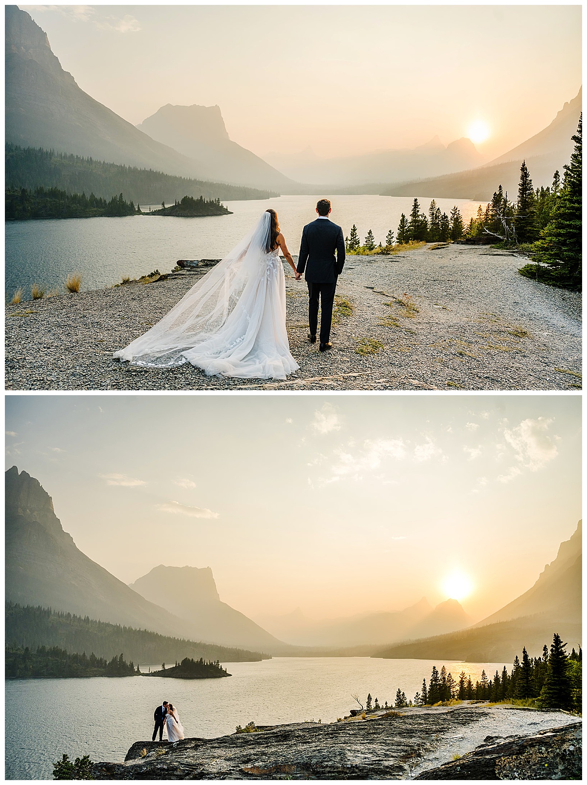 Bride and Groom watching the sunset at Sun Point in Glacier National Park.